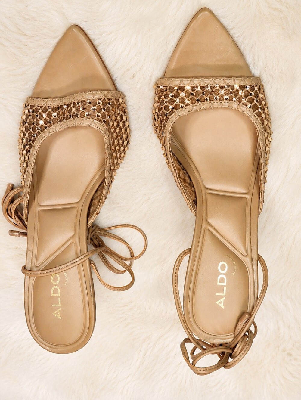 ALDO Pillow Walk Nude Rhinestone Wrap Around Tie Up Heels Size 8